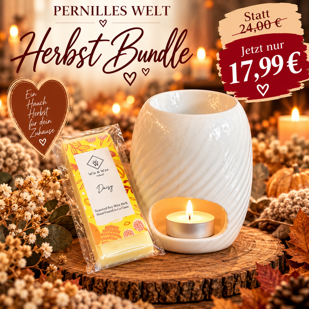 🍂 Herbst Bundle – Daisy Duftwachs &amp; weiße Duftlampe 🕯️